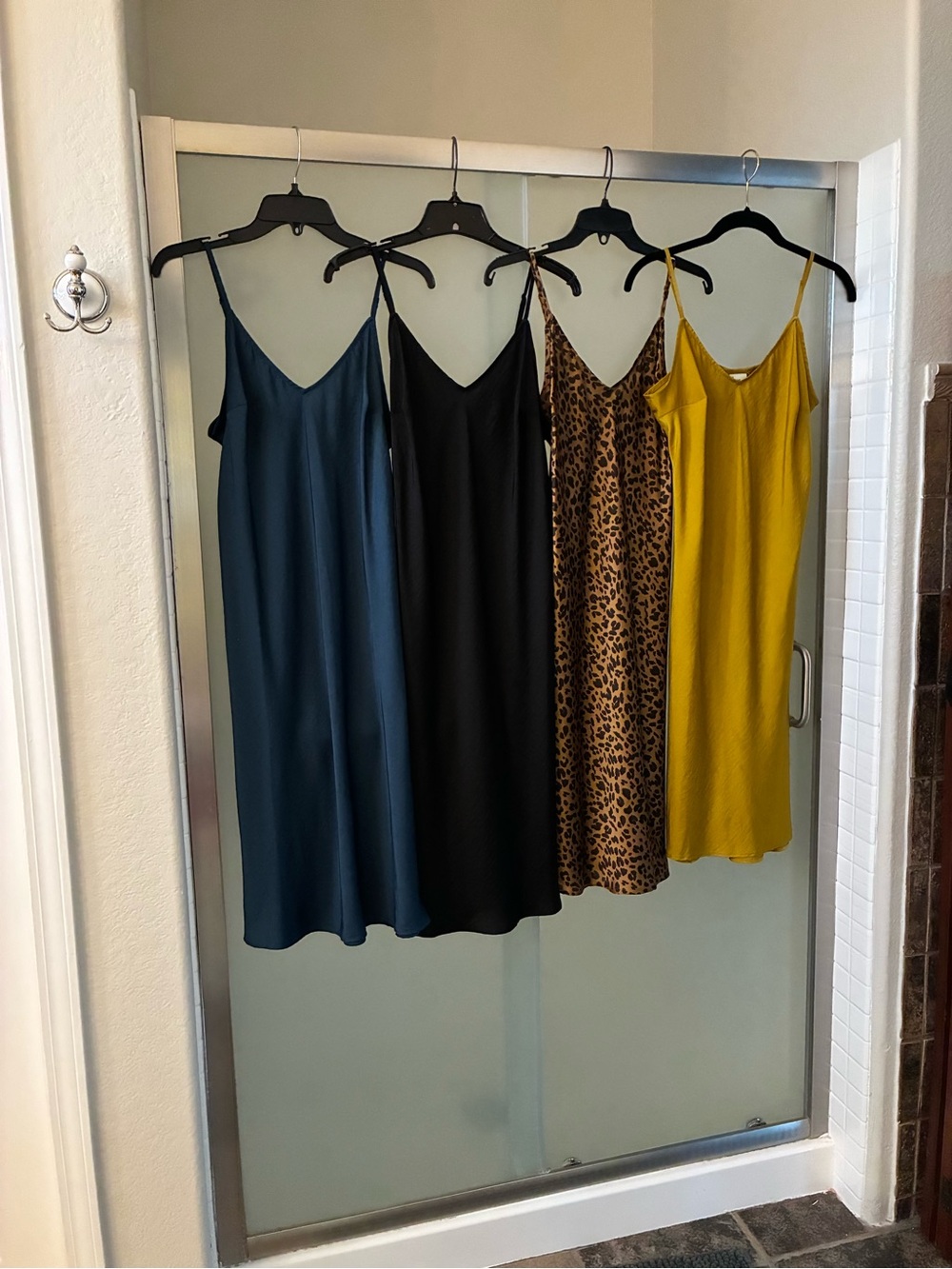 a new day Satin Slip Dress in Teal, Black, Leopard, and Mustard